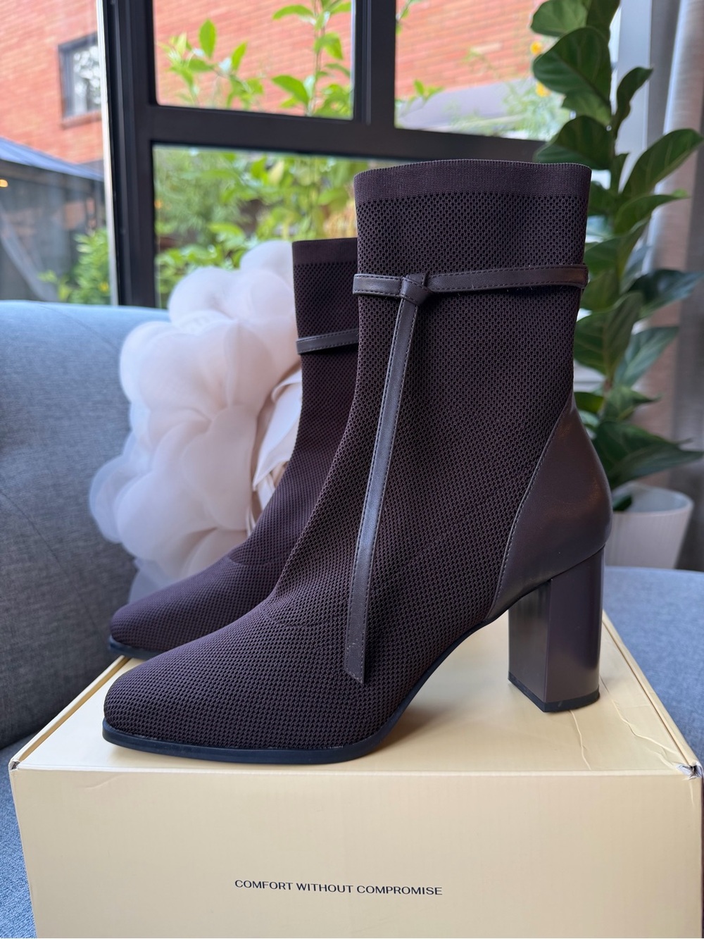 Women's Brown Mesh Block-Heel Ankle Boots